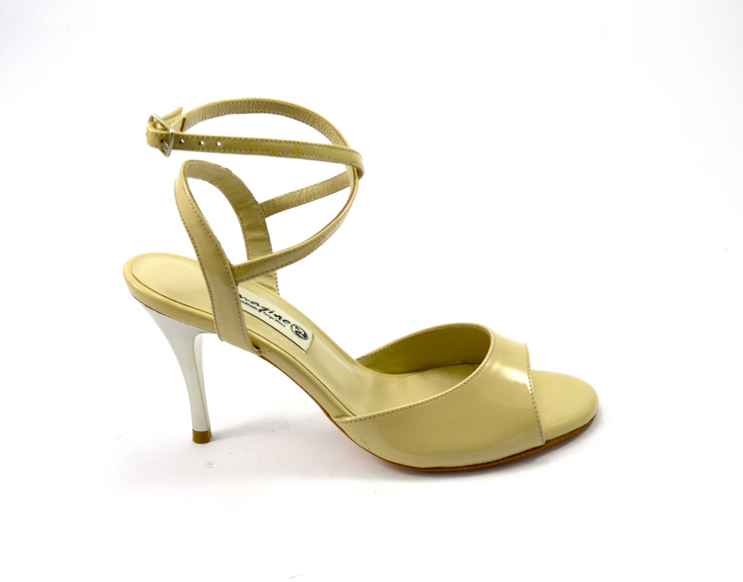 Women's tango shoe, open heel, in beige patent leather
