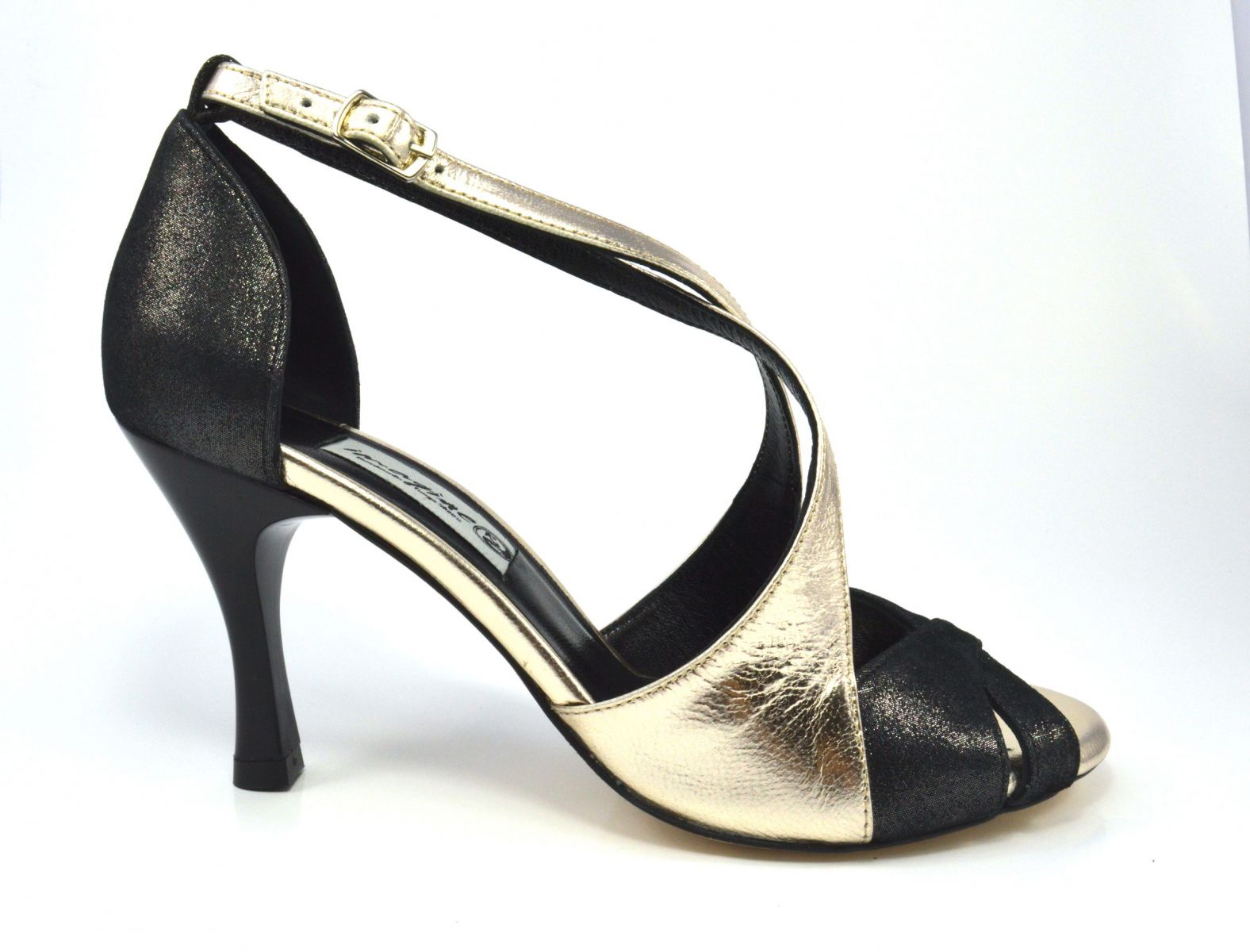 Women's tango shoe, peep toe, in black pearlised leather and gold leather