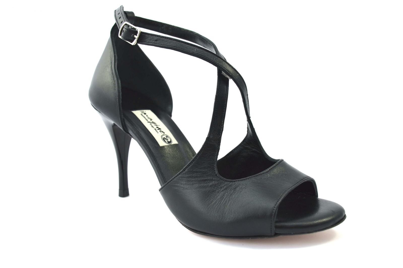 Women's tango shoe, open toe, in black leather