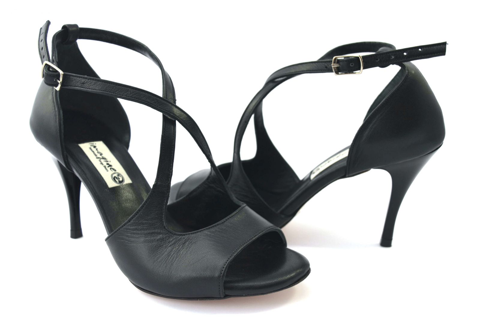 Women's tango shoe, open toe, in black leather