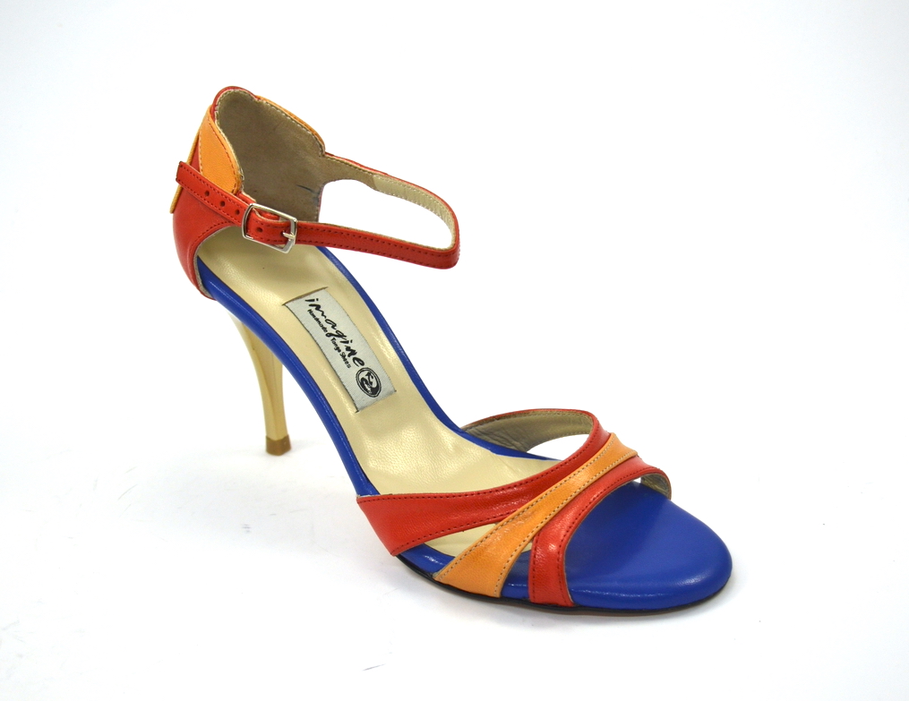 Women's tango shoe, open toe, in blue-red-orange leather