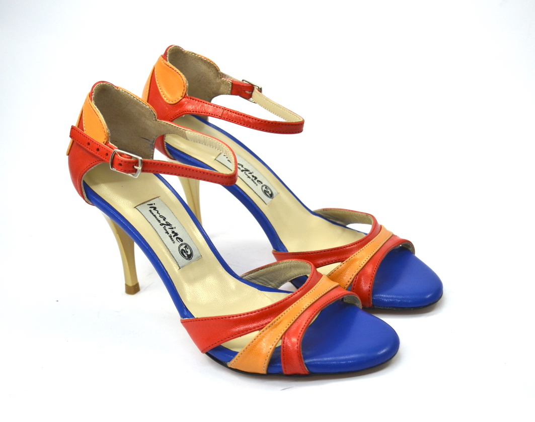 Γυναικείο παπούτσι tango, open toe από συνδυασμό κόκκινο-μπλε-πορτοκαλί δέρμα
