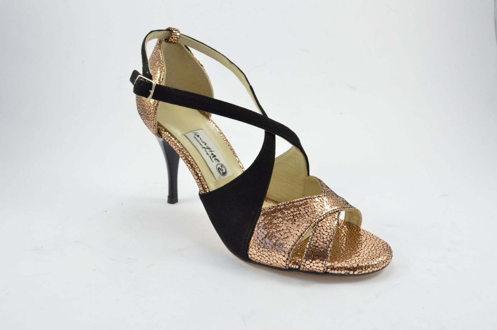 Women's tango shoe, peep toe, in bronze scaly leather and black suede leather