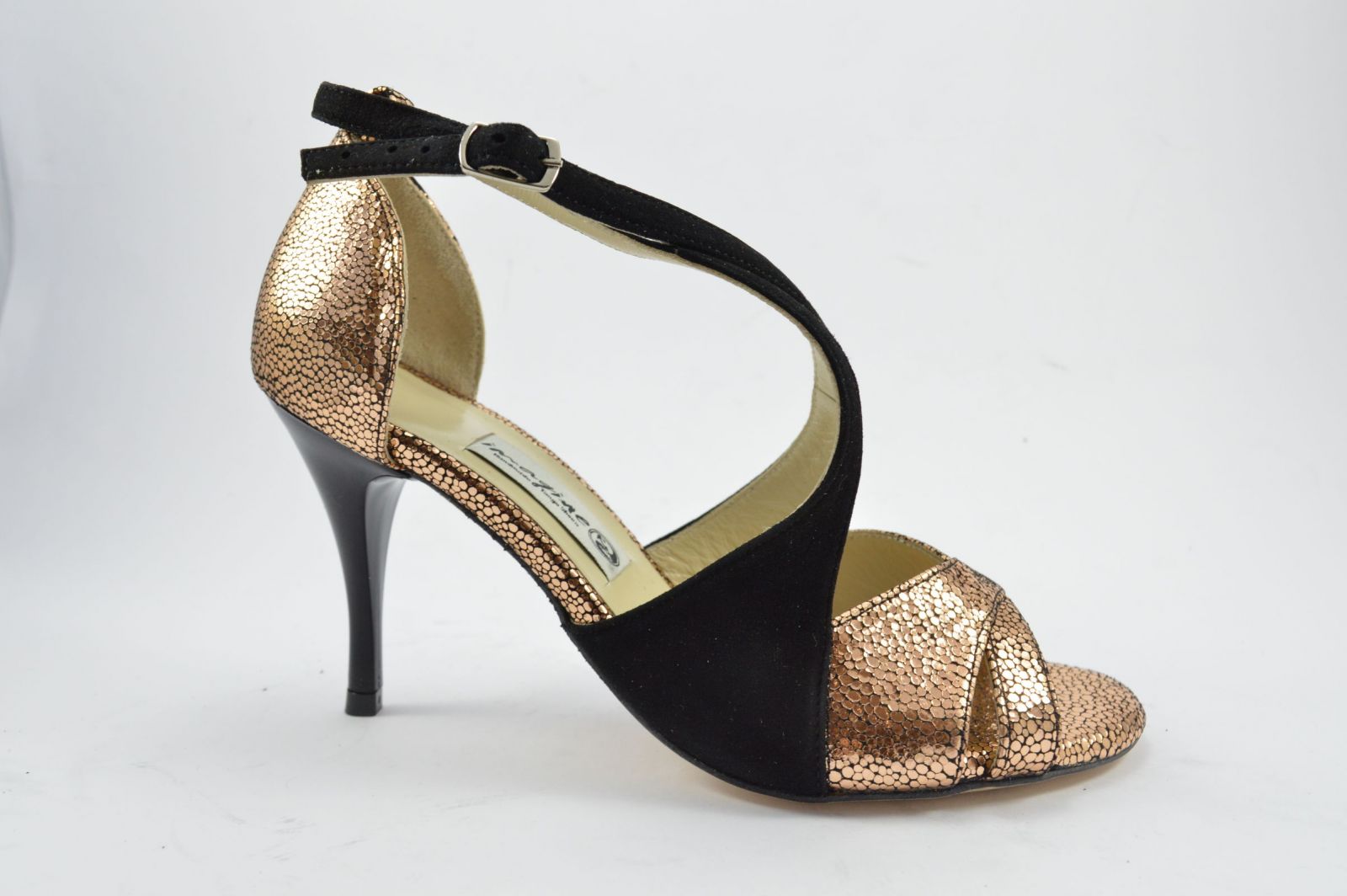 Women's tango shoe, peep toe, in bronze scaly leather and black suede leather