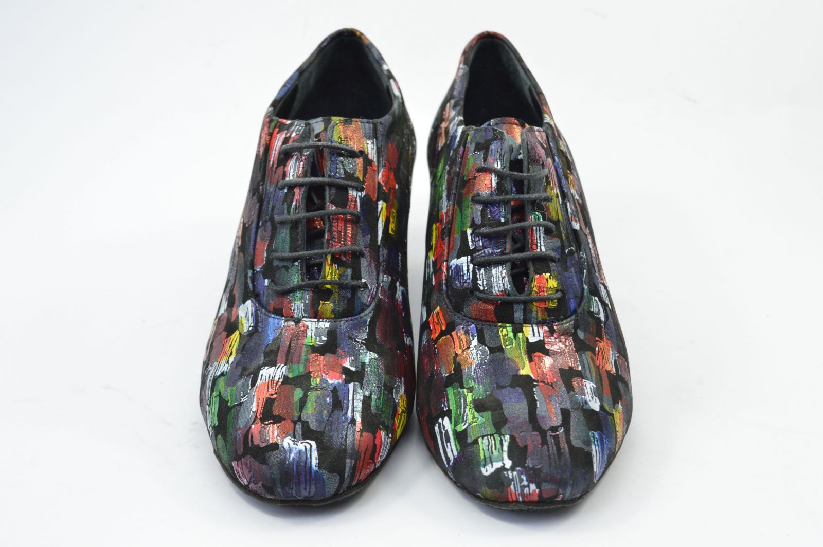 Women's argentine tango shoes, oxford style, in very soft black leather and multi-colour prints.