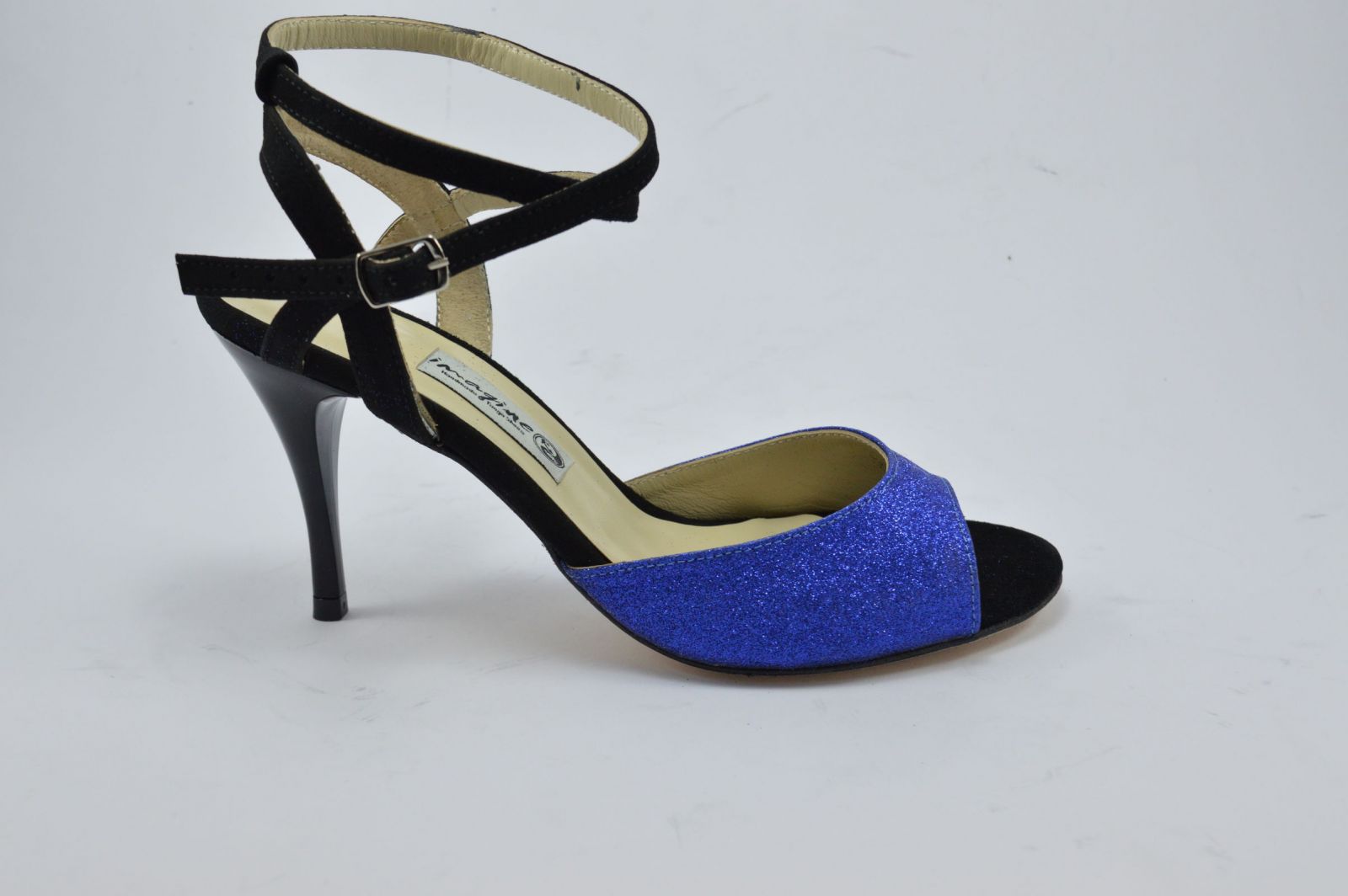 Women's tango shoe, open heel, in black suede leather and royal blue glitter