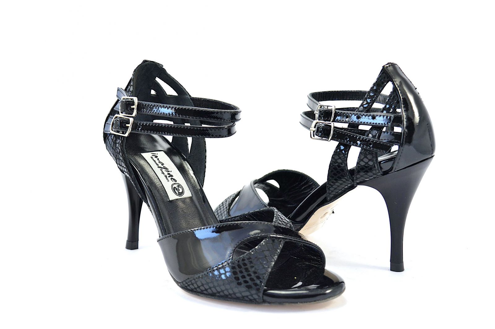 Women argentine tango dance shoes, peep toe, in black soft faux snake leather and black patent leather.
