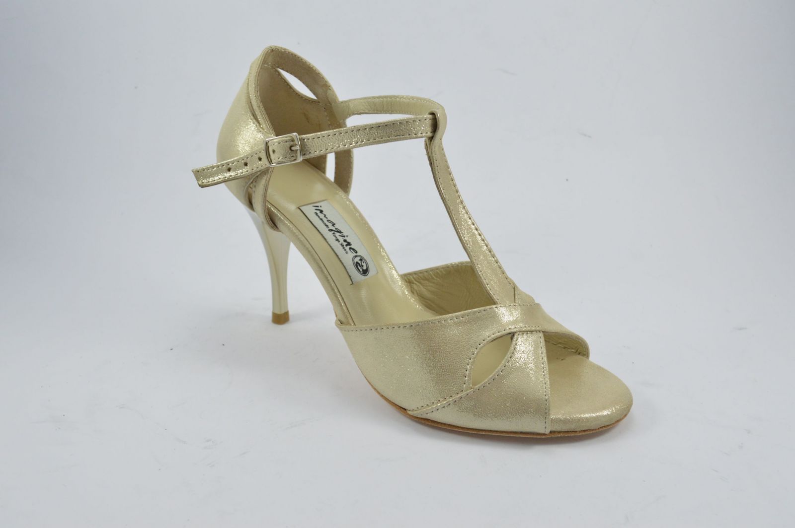 Women's Tango Shoe, peep toe by gold pearlised leather