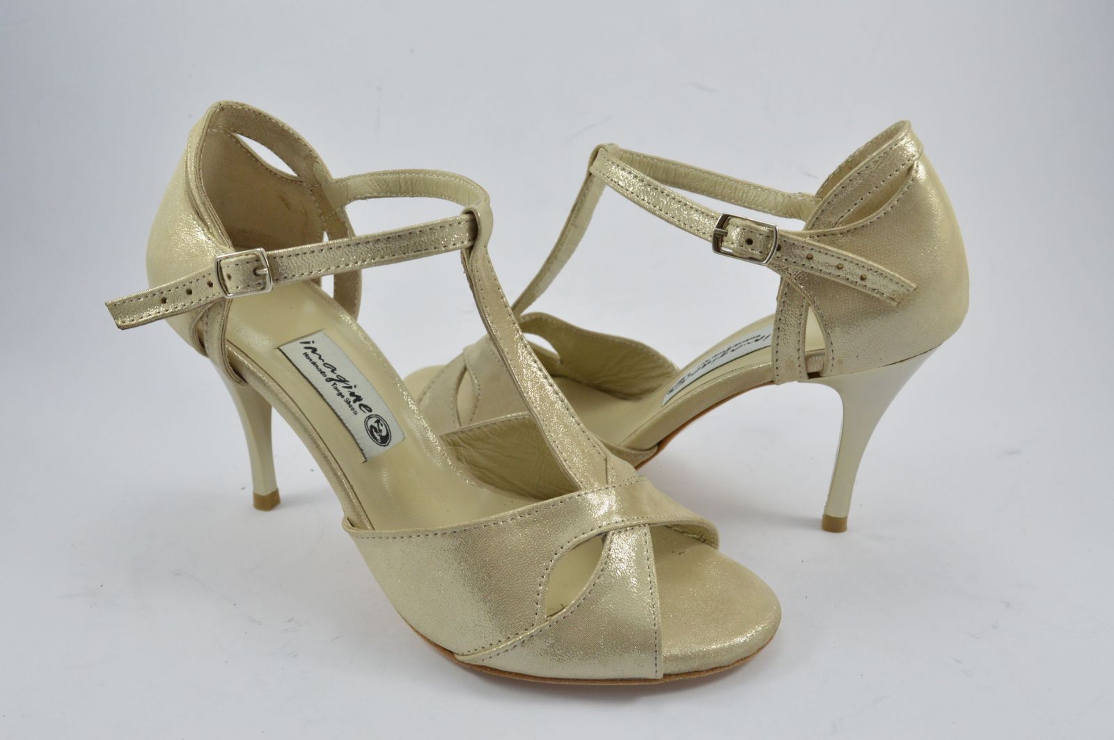 Women's Tango Shoe, peep toe by gold pearlised leather