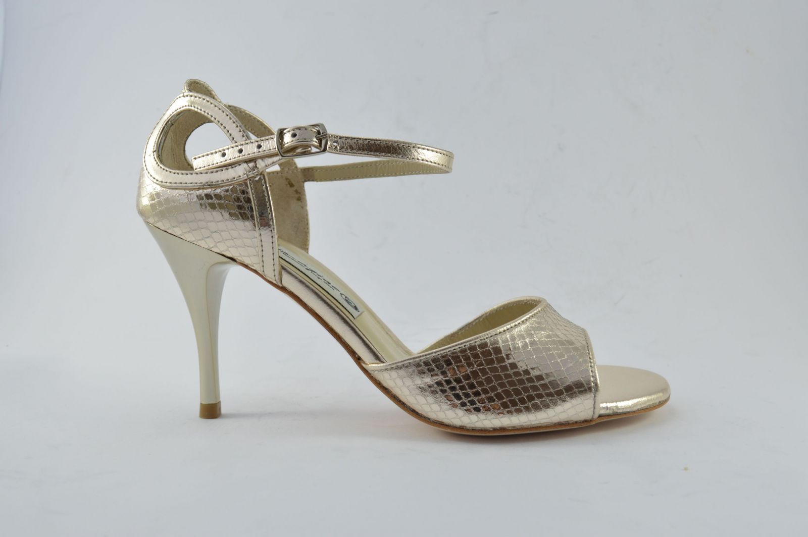 Women argentine tango dance shoes, in faux snake gold leather 