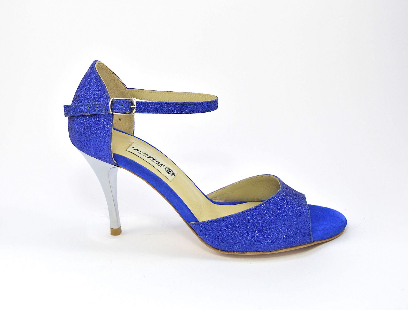 Γυναικείο παπούτσι χορού αργεντίνικου tango open toe από μπλε γκλίτερ και μπλε σουέτ δέρμα