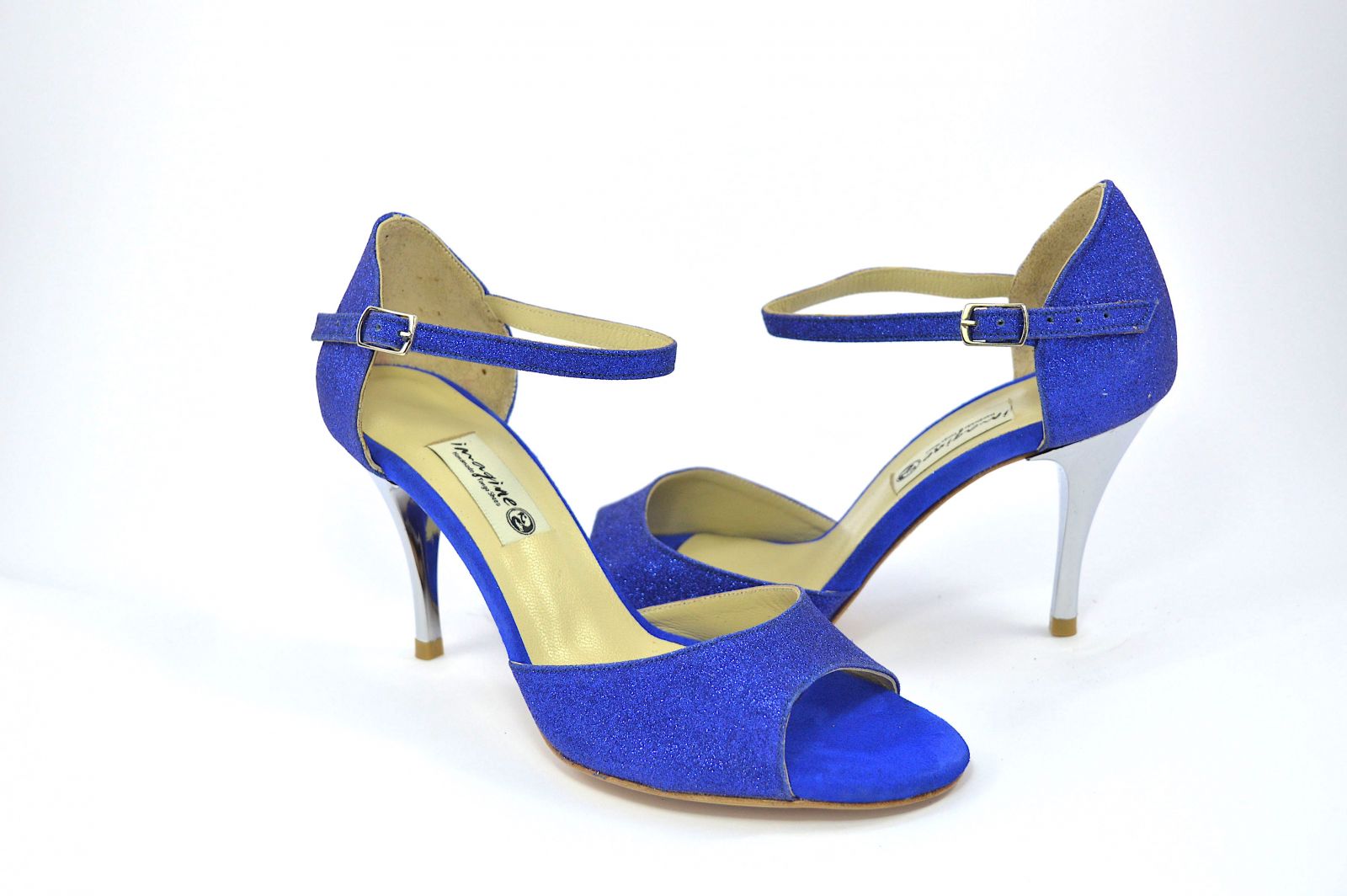 Women tango shoes, open toe, in royal blue glitter and blue suede leather