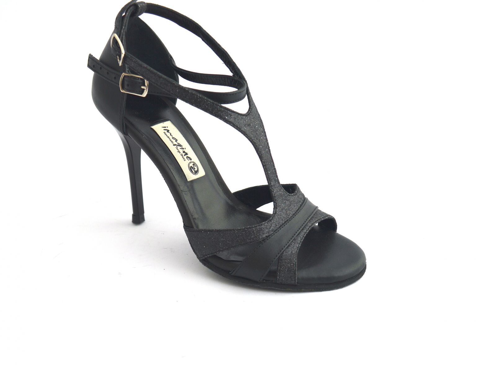 Γυναικείο παπούτσι tango, open toe από μαύρο δέρμα και μαύρο γκλίτερ.