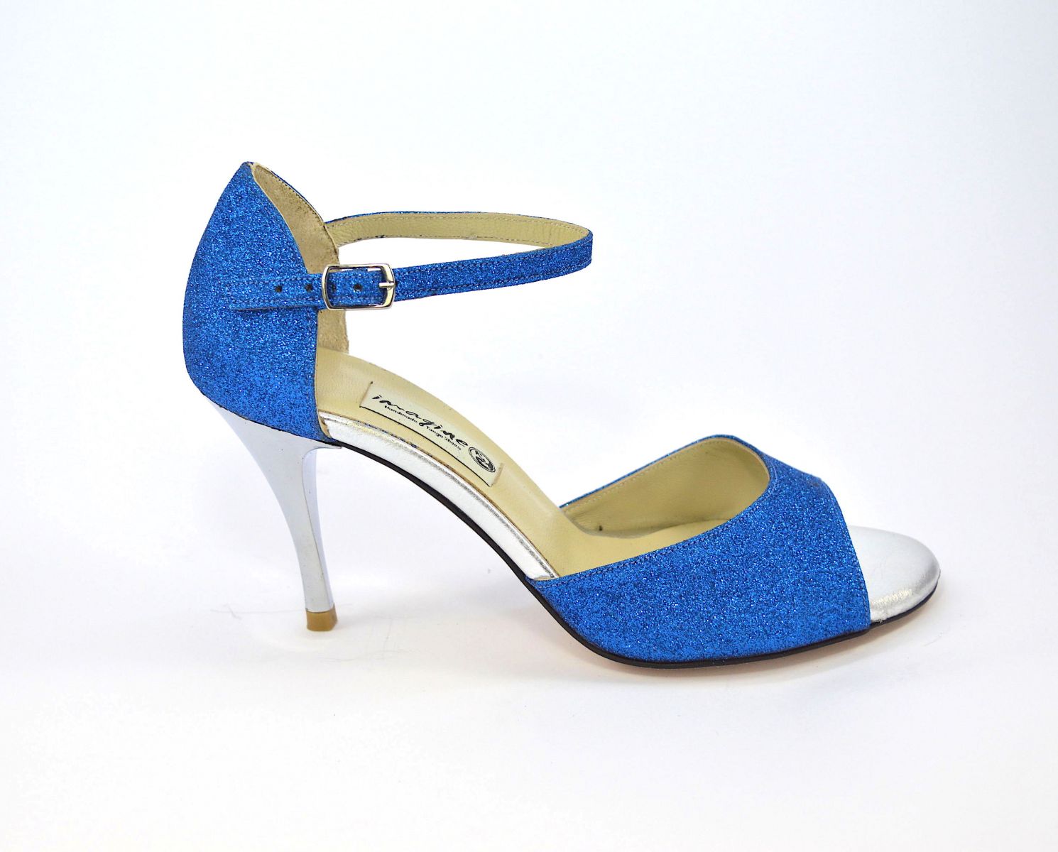 Γυναικείο παπούτσι χορού αργεντίνικου tango open toe από μπλε γκλίτερ και ασημί δέρμα