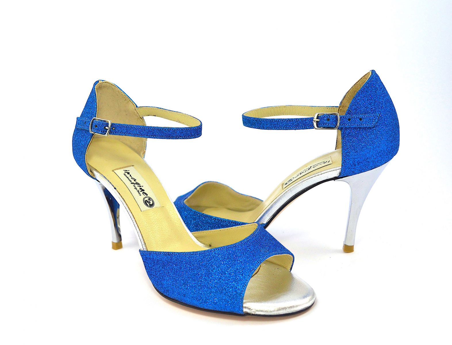 Women tango shoes, open toe, in blue glitter and silver leather