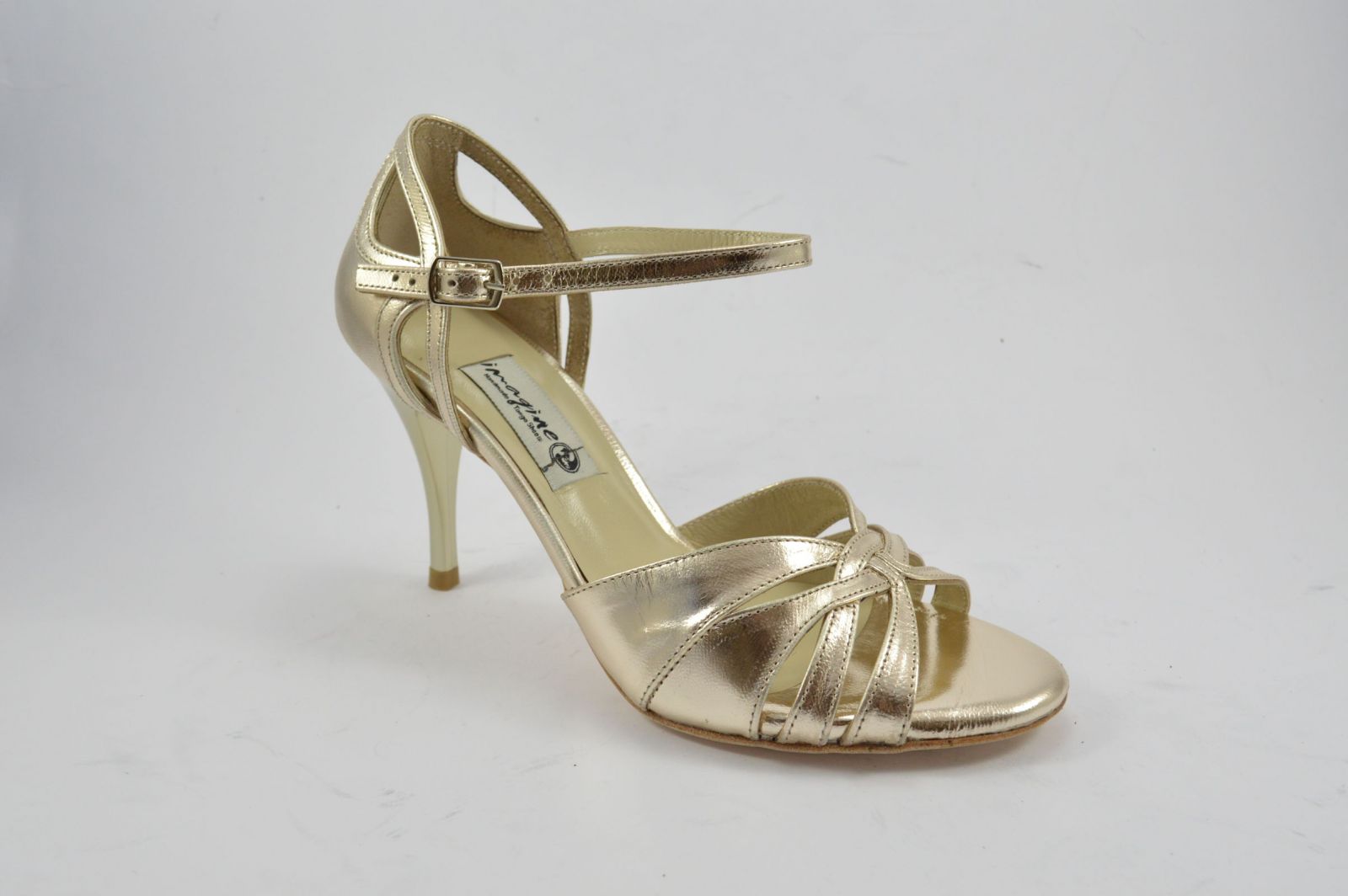 Women's tango shoe, open toe, in gold soft leather
