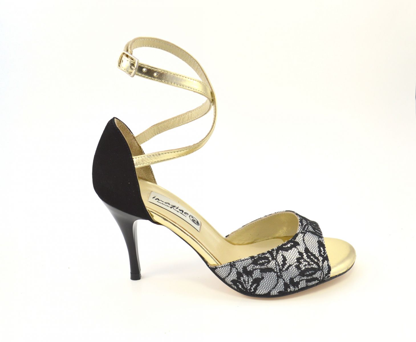 Women tango shoe, in black lace and gold leather
