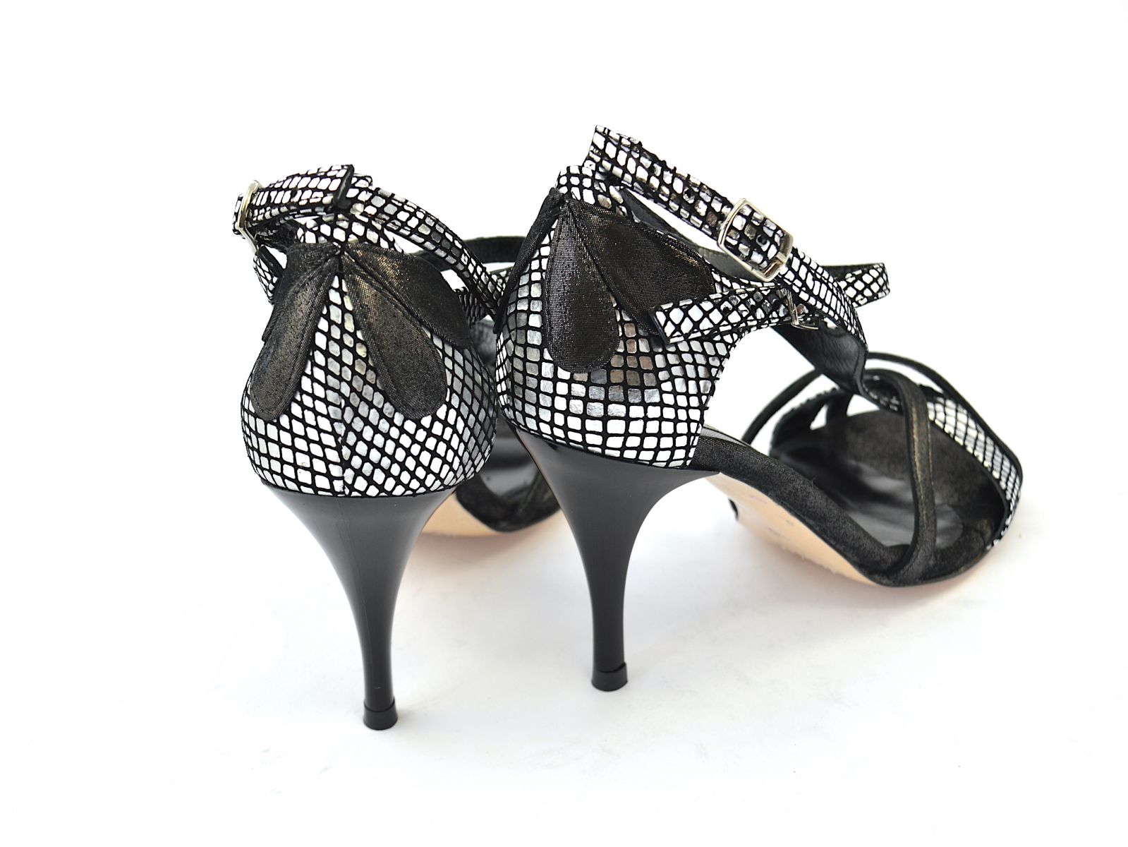 Women  tango shoe, in silver faux snake leather and black perlised leather
