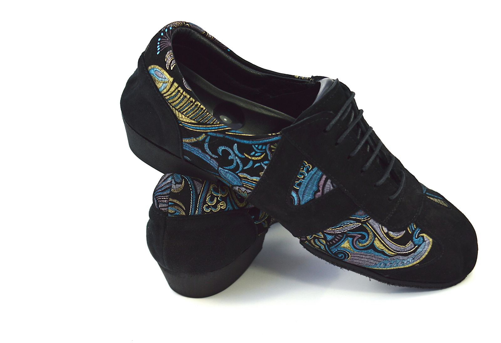 Women's tango dance sneakers shoes, oxford style, by very soft black suede leather and golden-blue prints.