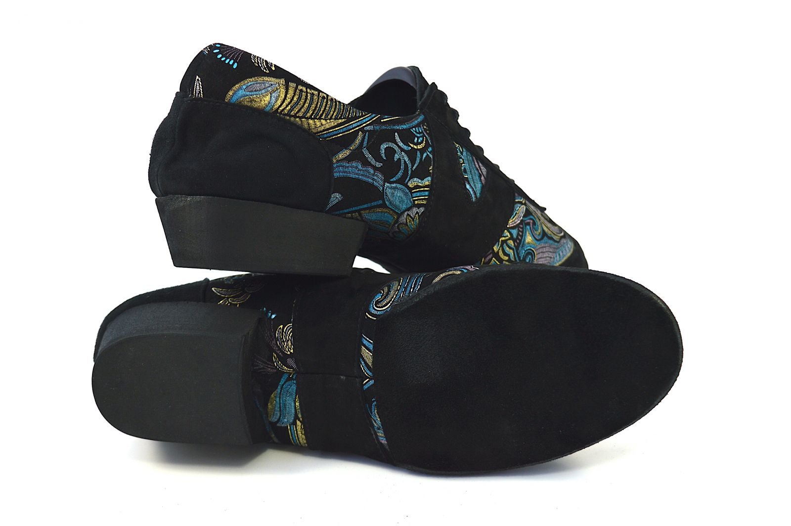 Women's tango dance sneakers shoes, oxford style, by very soft black suede leather and golden-blue prints.