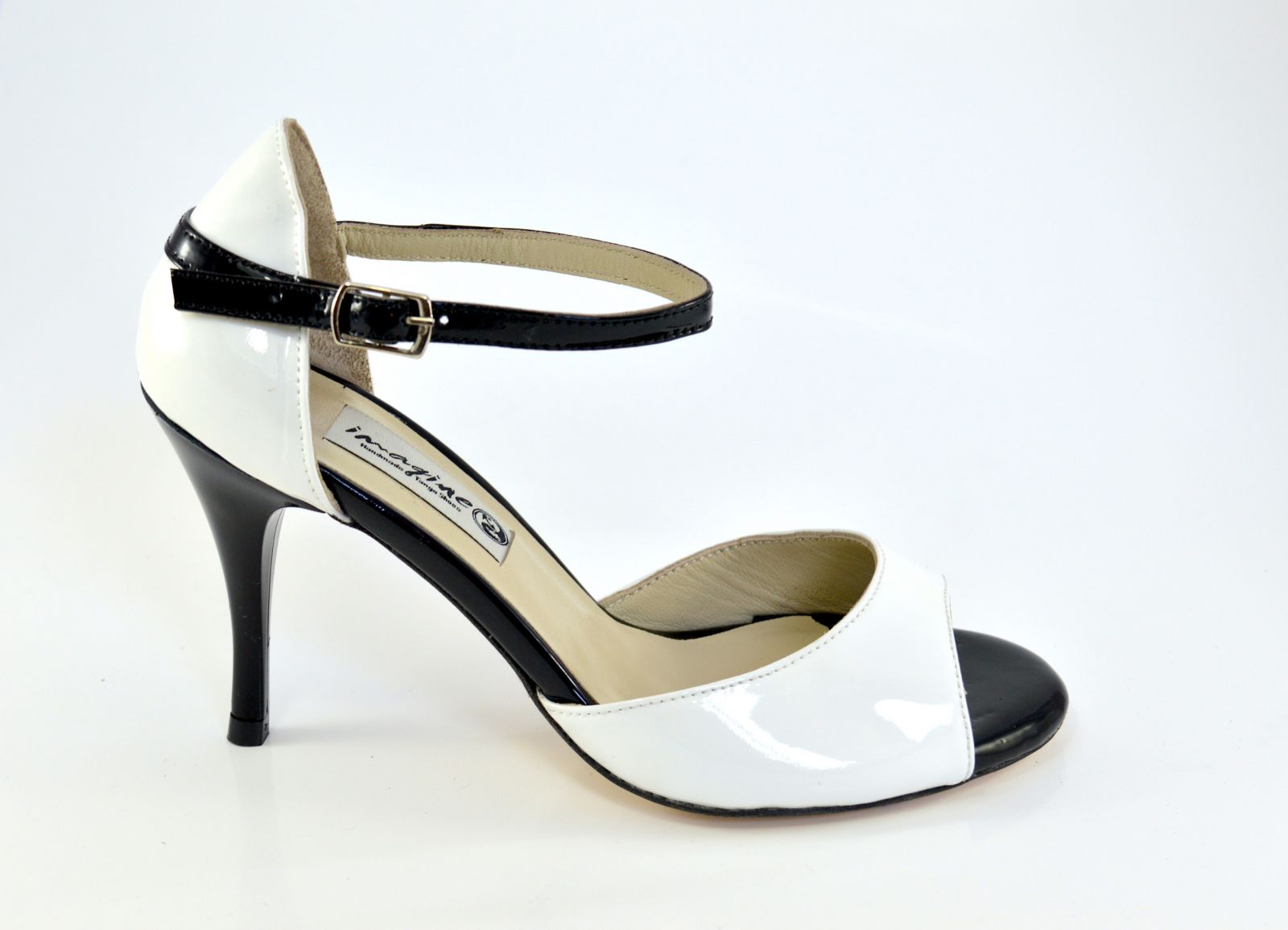 Γυναικείο παπούτσι tango open toe από λευκό και μαύρο δέρμα λουστρίνι