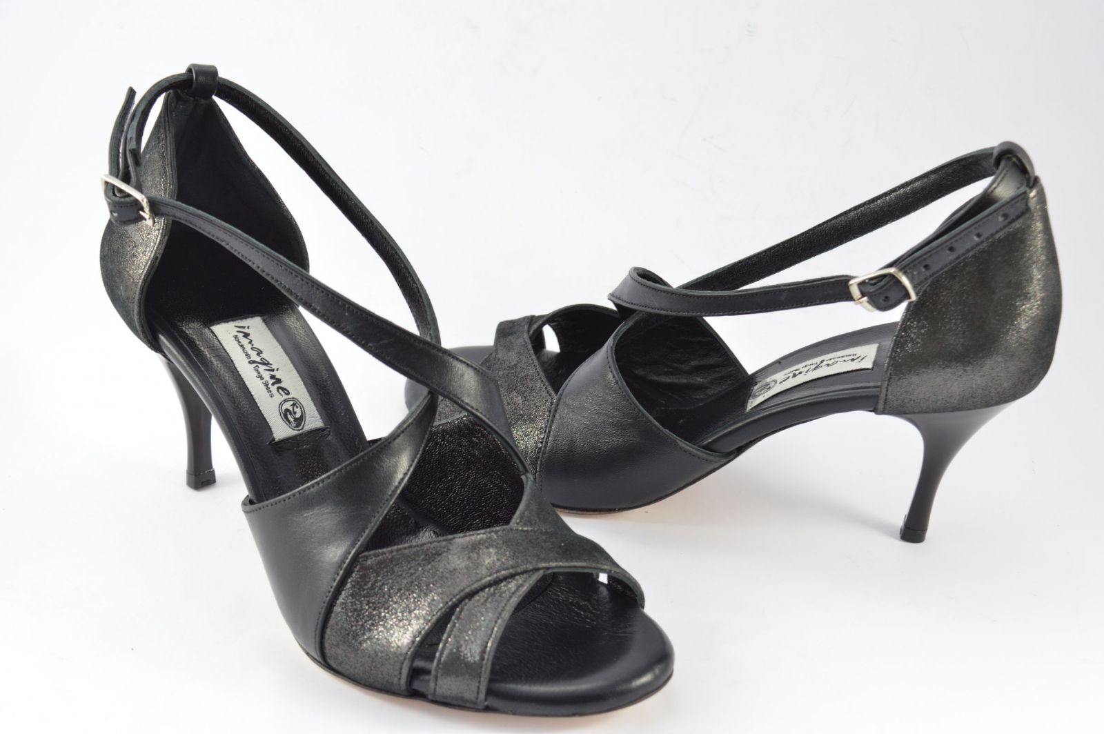 Women's tango shoe, peep toe, in black pearlised leather and black leather