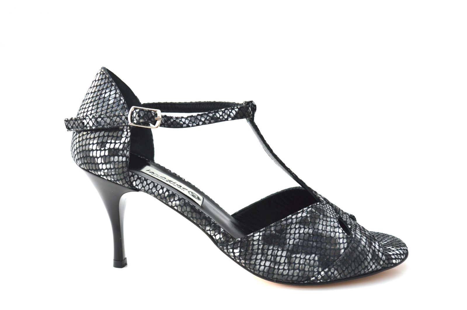 Women argentine tango dance shoes, peep toe, in black-white faux-snake leather