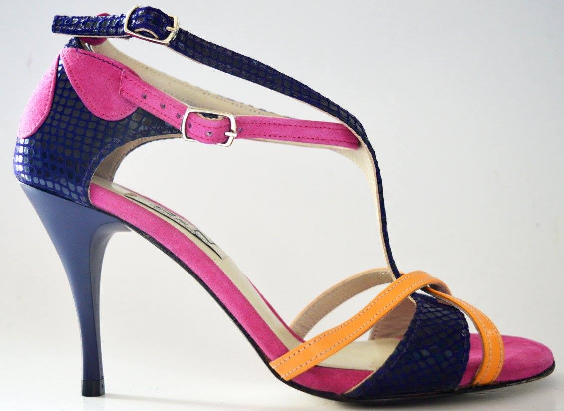 Women Tango Shoe, by purple snake leather combined with pink and yellow suede