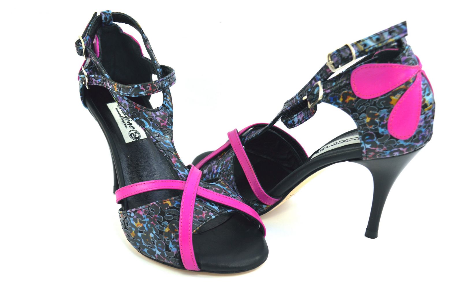 Women argentine Tango dance Shoes, by soft fouchsia and multi-color leather