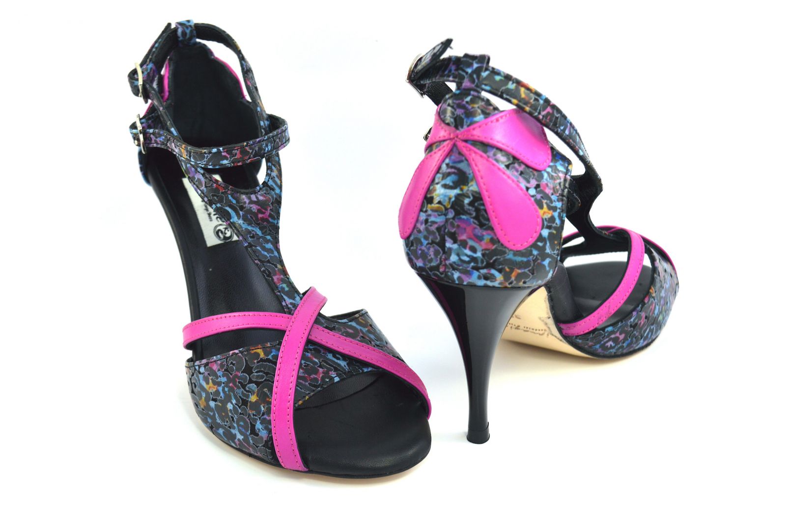 Women argentine Tango dance Shoes, by soft fouchsia and multi-color leather