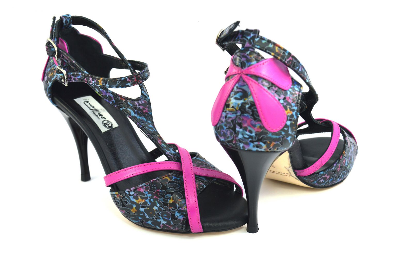 Women argentine Tango dance Shoes, by soft fouchsia and multi-color leather