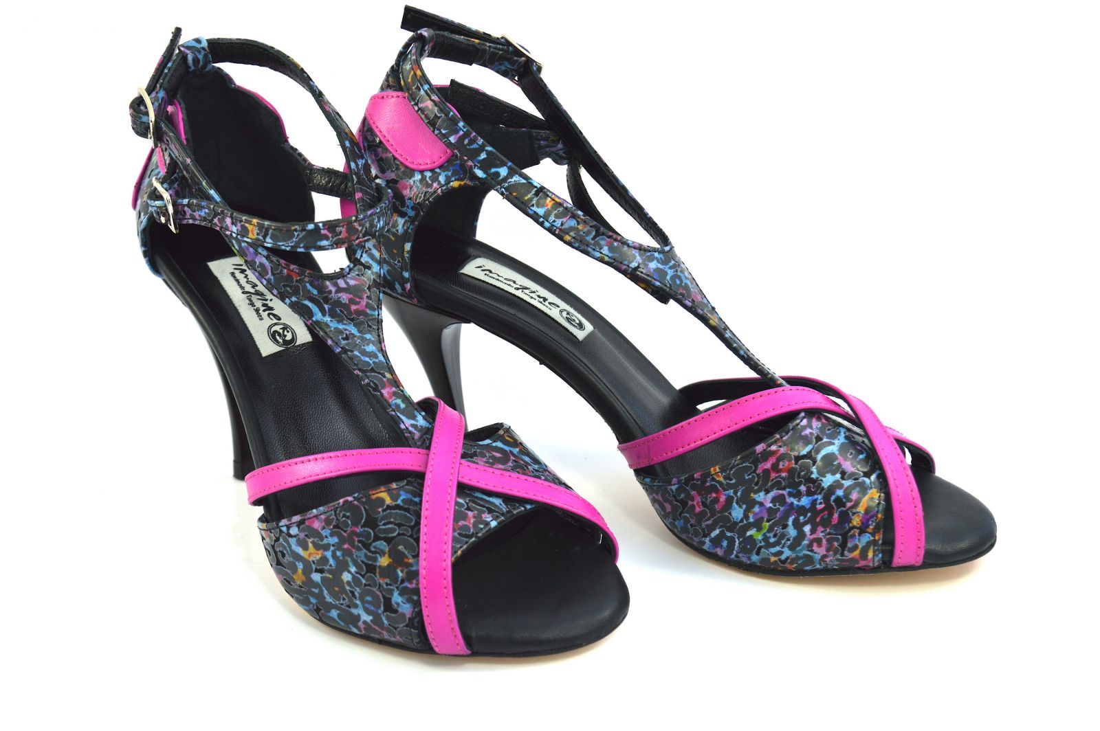 Women argentine Tango dance Shoes, by soft fouchsia and multi-color leather