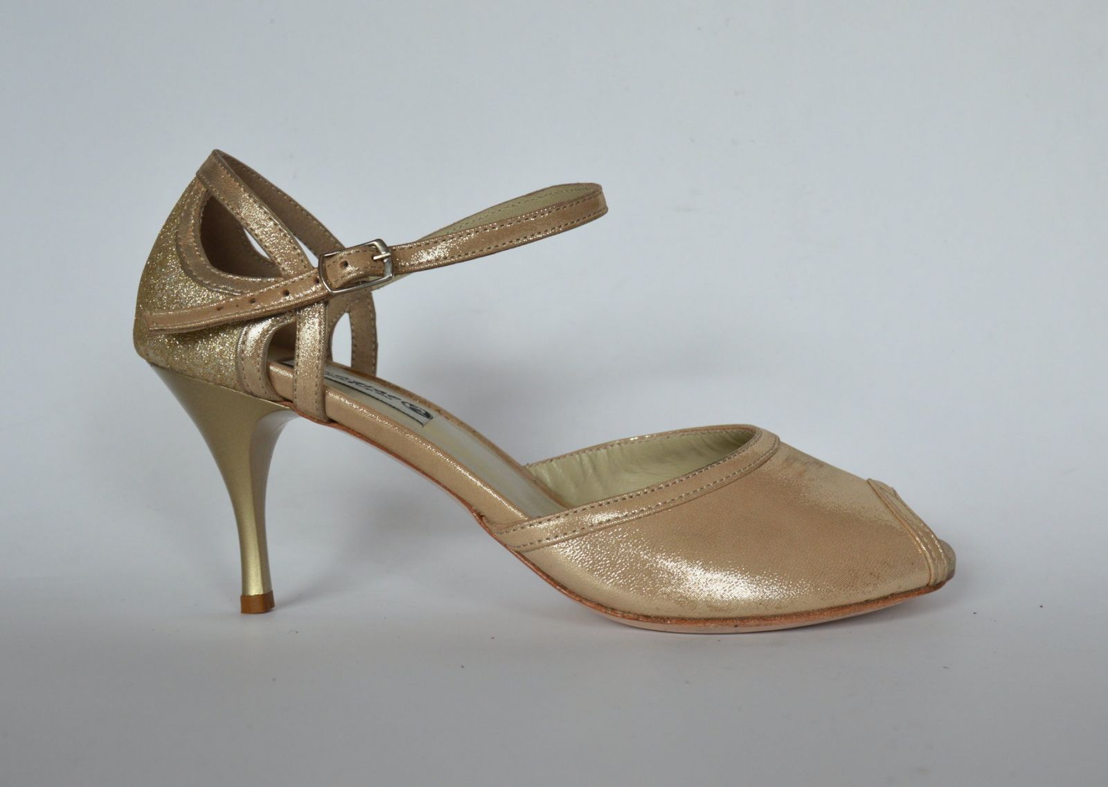 Women's Argentine Tango Shoe, peep toe style, in gold pearlised and glitter leather