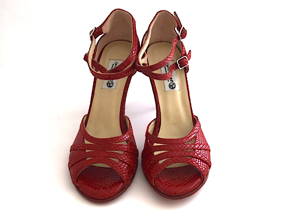 Γυναικείο παπούτσι tango peep toe από εντυπωσιακό κόκκινο φίδι δέρμα με κόκκινη σουέντ σόλα και διπλό λουράκι