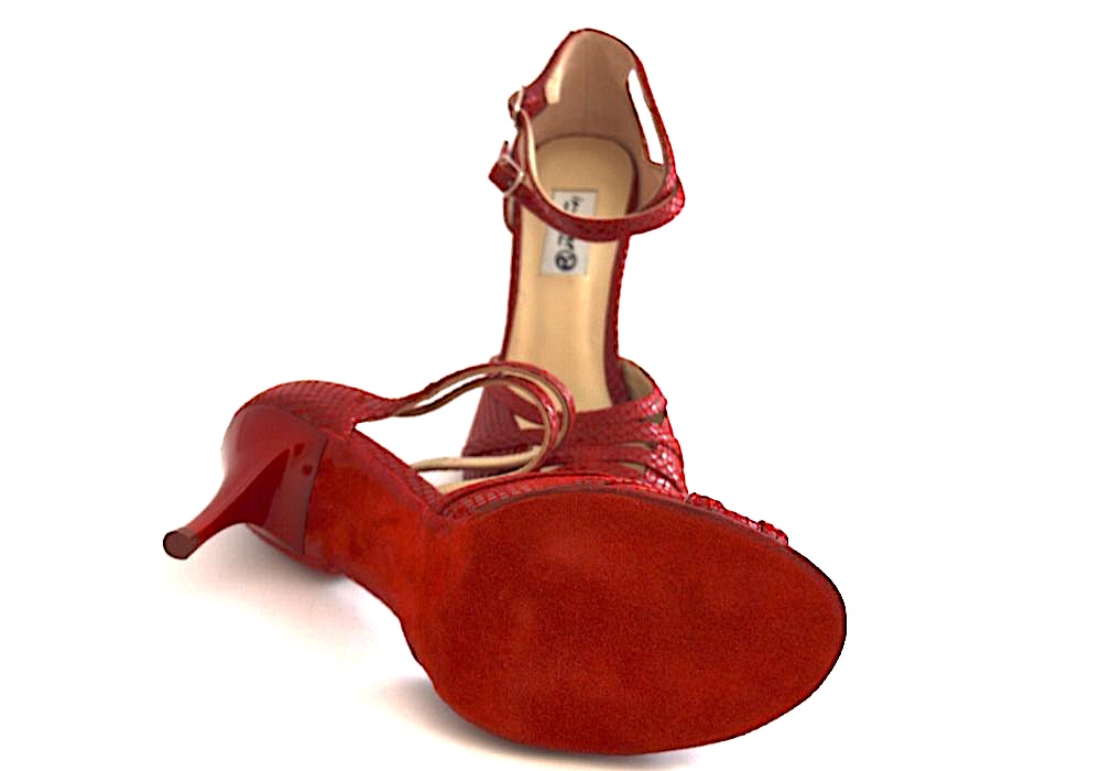 Γυναικείο παπούτσι tango peep toe από εντυπωσιακό κόκκινο φίδι δέρμα με κόκκινη σουέντ σόλα και διπλό λουράκι