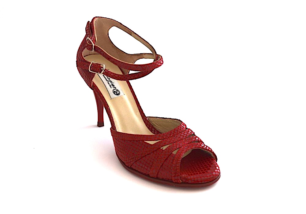Γυναικείο παπούτσι tango peep toe από εντυπωσιακό κόκκινο φίδι δέρμα με κόκκινη σουέντ σόλα και διπλό λουράκι