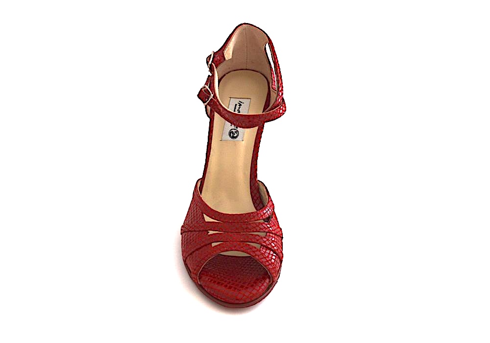 Γυναικείο παπούτσι tango peep toe από εντυπωσιακό κόκκινο φίδι δέρμα με κόκκινη σουέντ σόλα και διπλό λουράκι