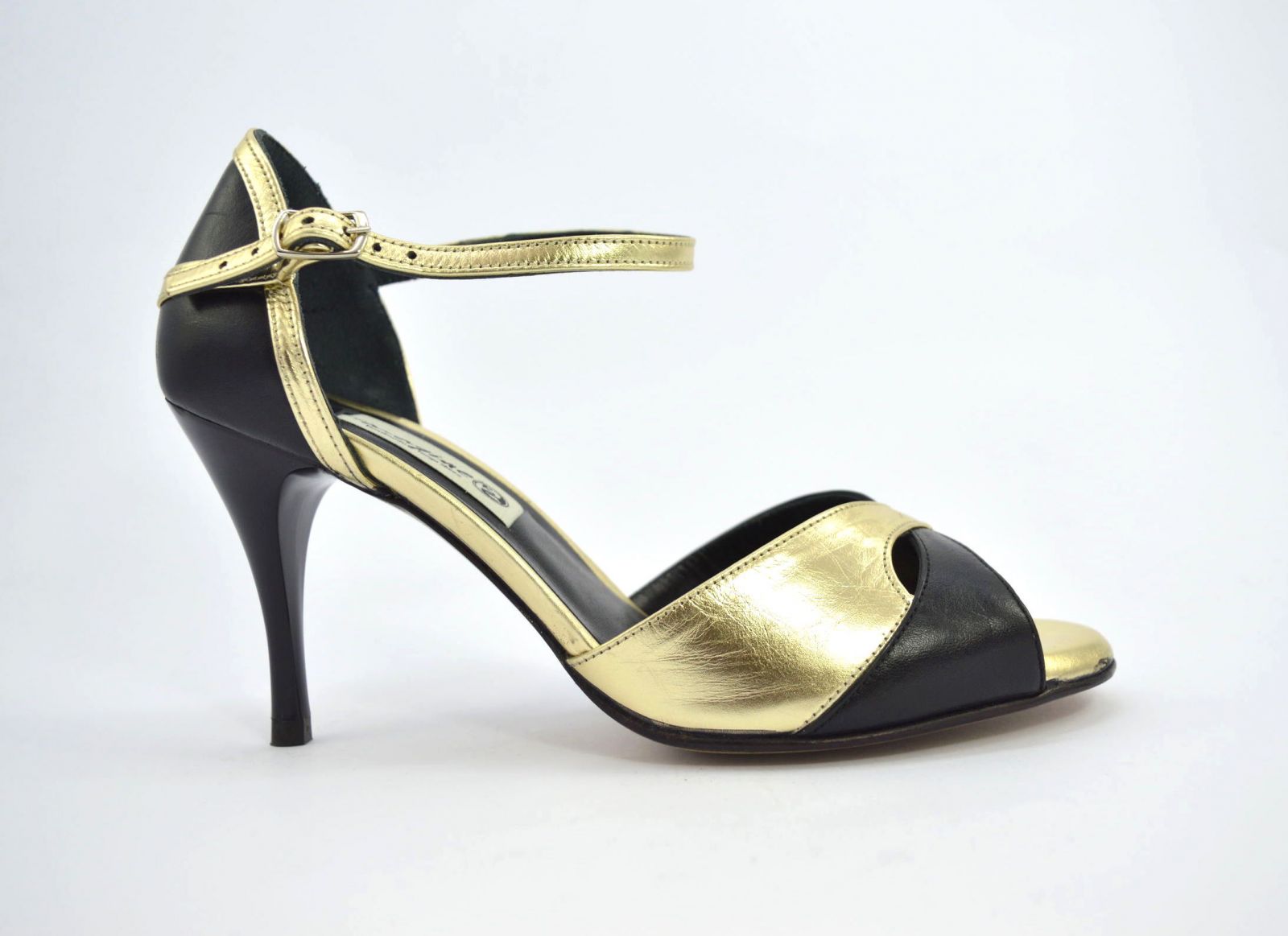Γυναικείο παπούτσι χορού αργεντίνικου tango peep toe από μαύρο και χρυσό μαλακό δέρμα