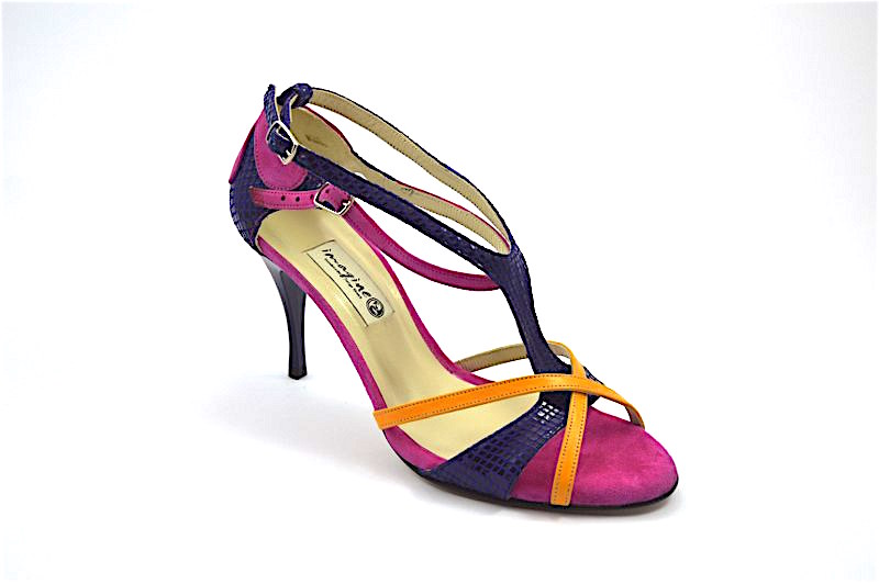 Women Tango Shoe, by purple snake leather combined with pink and yellow suede