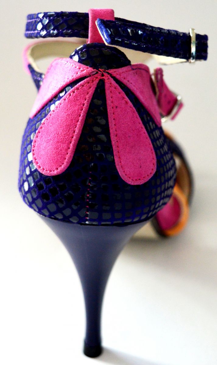 Women Tango Shoe, by purple snake leather combined with pink and yellow suede