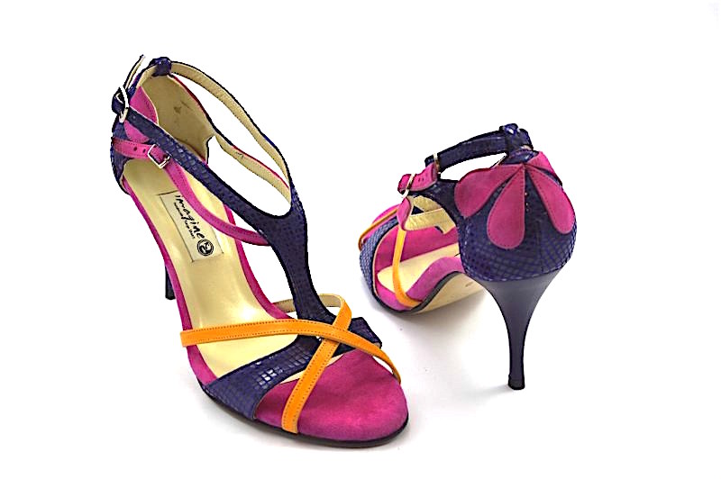 Women Tango Shoe, by purple snake leather combined with pink and yellow suede