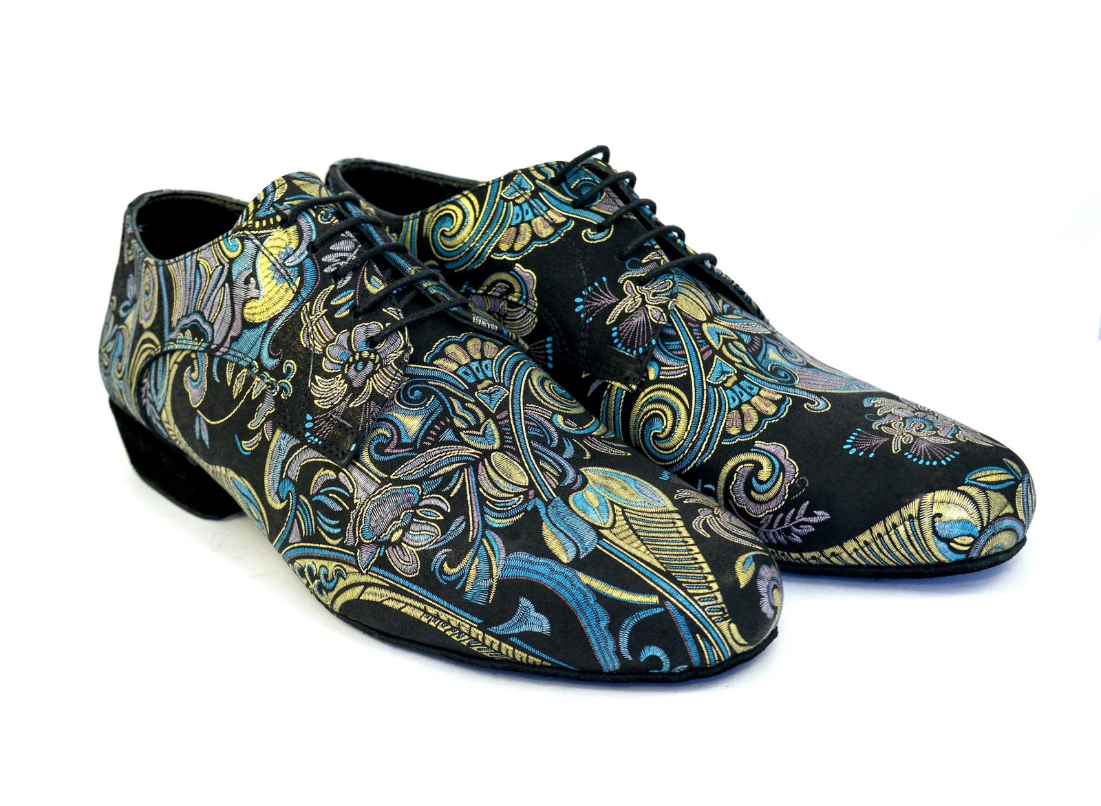 Mens argentine tango dance shoes by black leather and golden-blue prints.