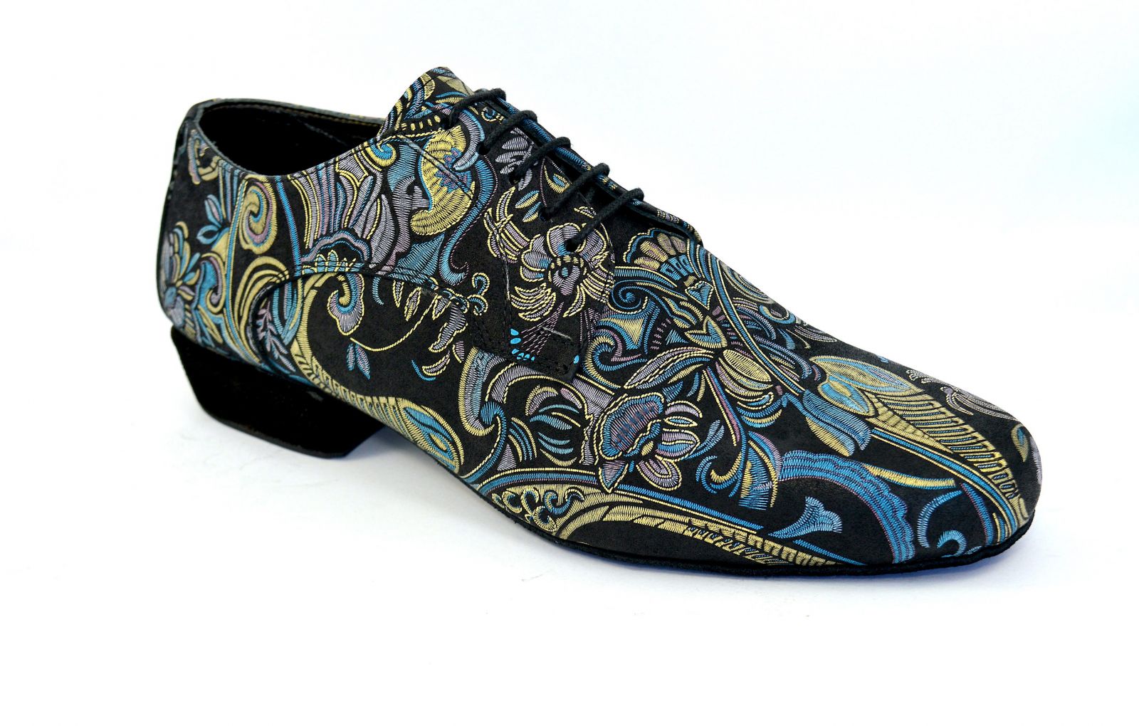 Mens argentine tango dance shoes by black leather and golden-blue prints.