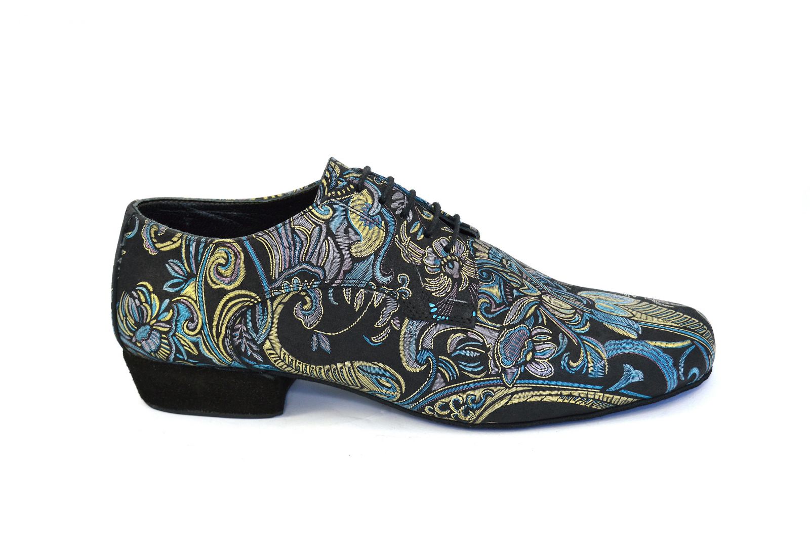 Mens argentine tango dance shoes by black leather and golden-blue prints.