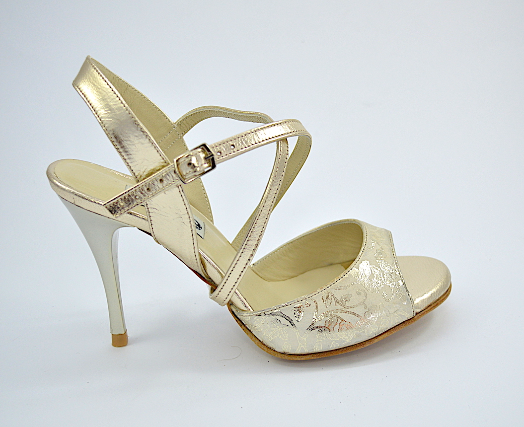 Women's tango shoe slingback in beige suede leather with gold floral paisley prints