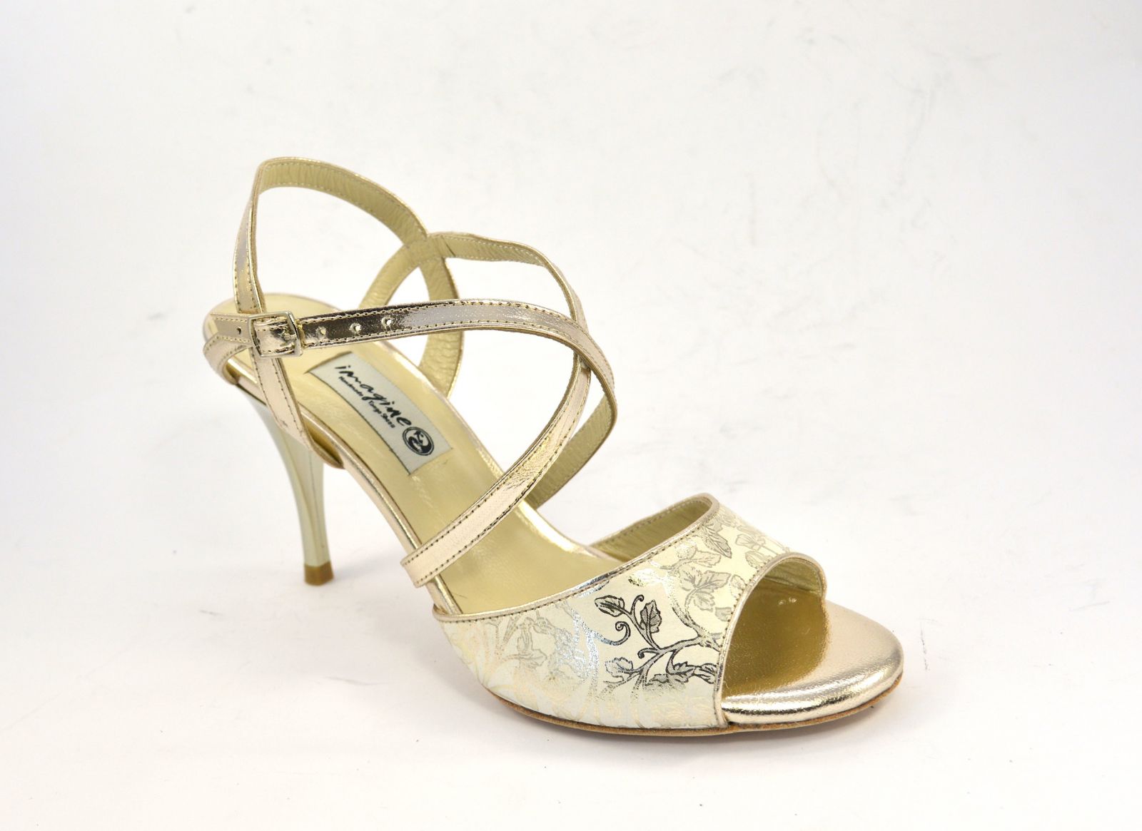 Women's tango shoe slingback in beige suede leather with gold floral paisley prints