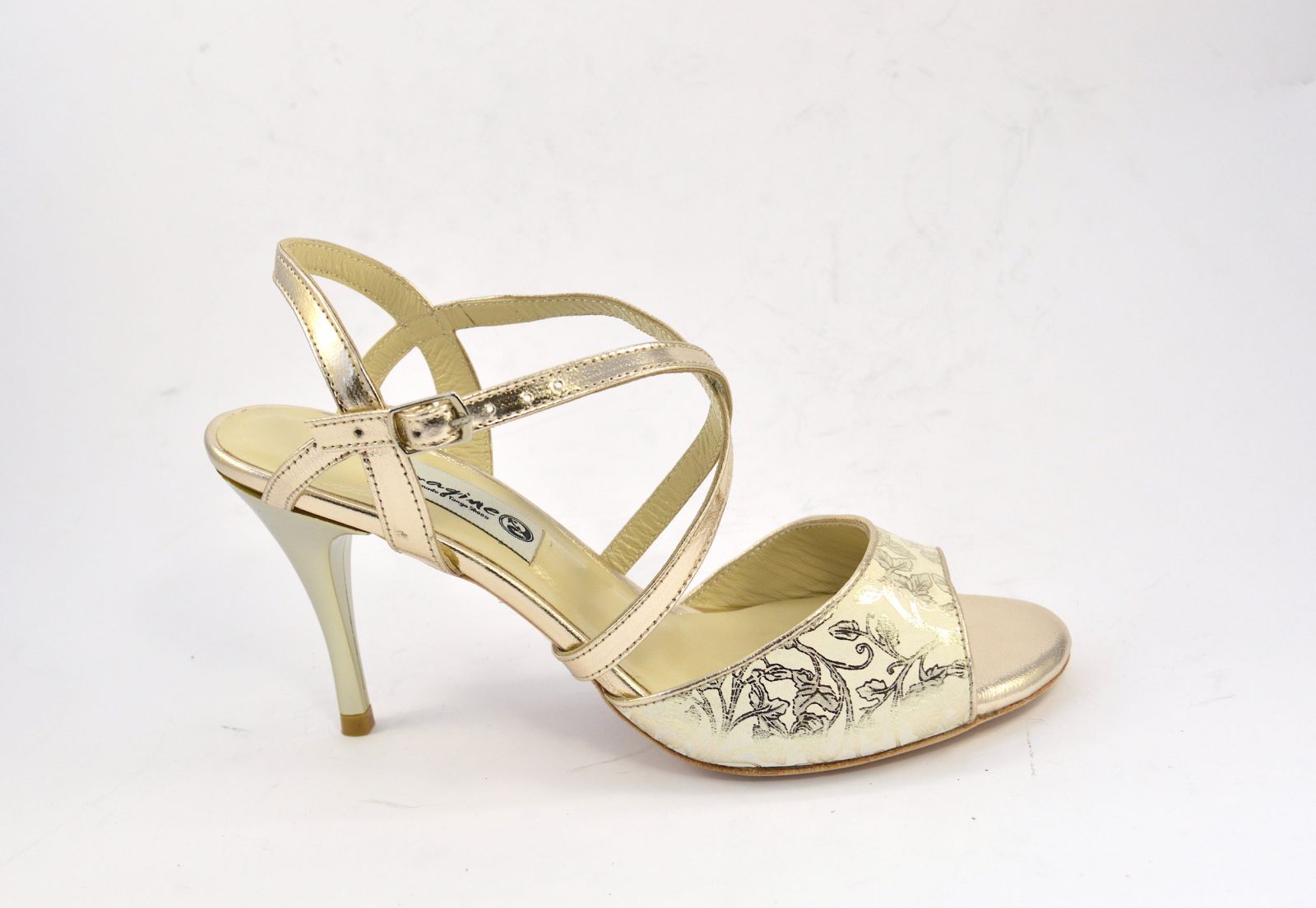 Women's tango shoe slingback in beige suede leather with gold floral paisley prints