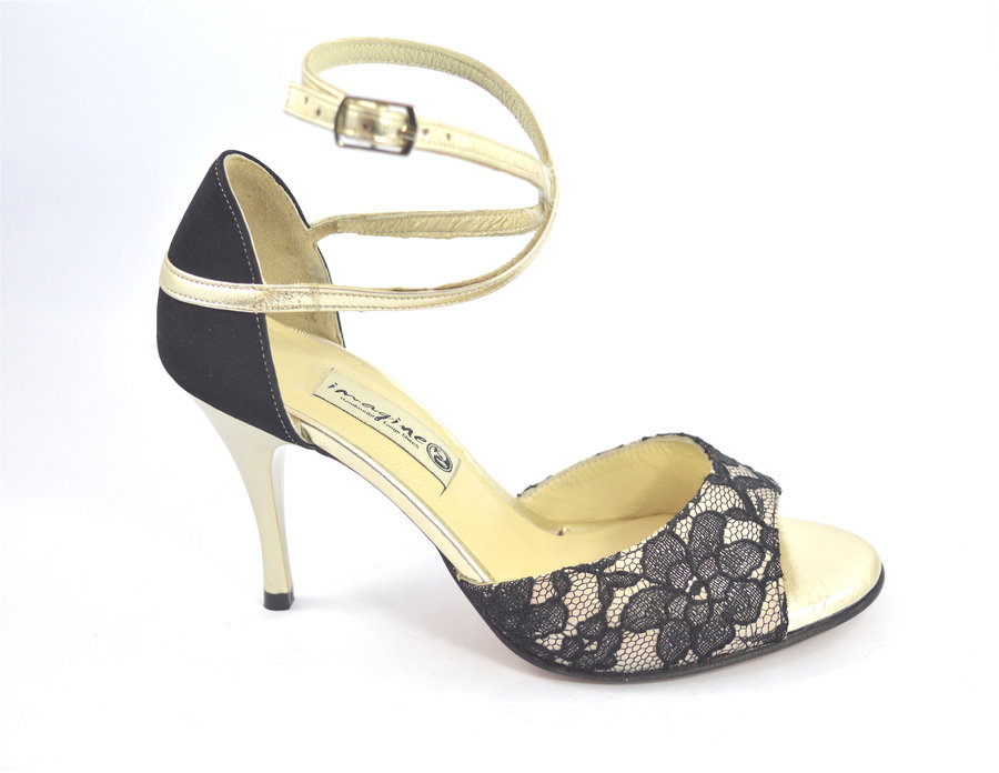Women Tango Shoe, by black lace and gold leather