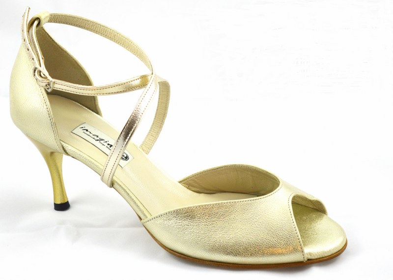 Women's Tango Shoe, peep toe style, pearl gold soft leather