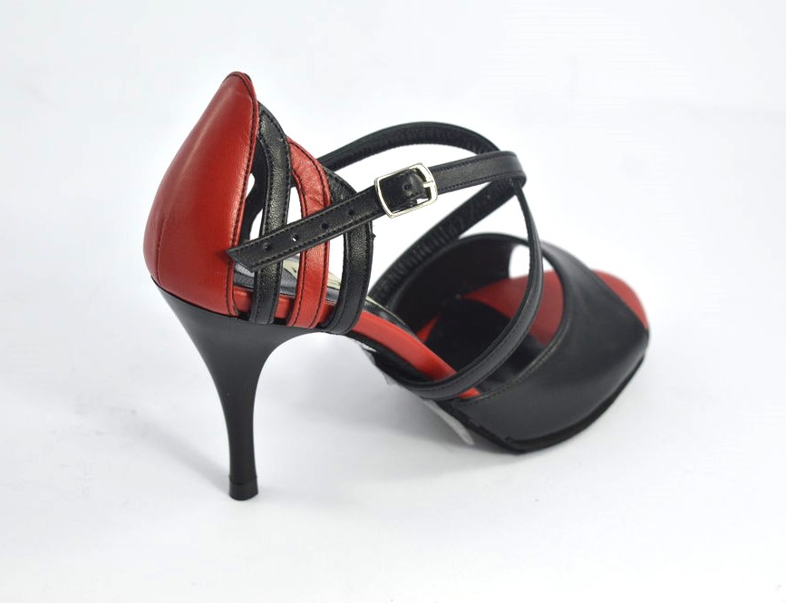 omen's Tango Shoe, open toe style, with black and red soft leather